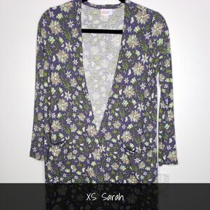 LuLaRoe Sarah Duster Cardigan XS Blue Floral Ribbed NEW